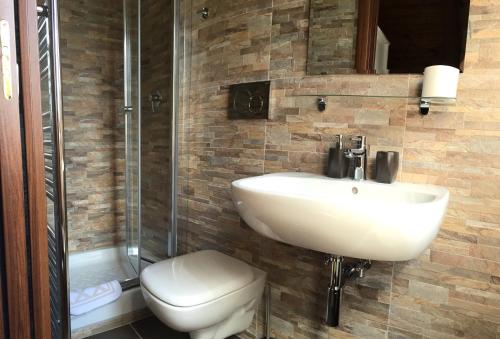 a bathroom with a sink and a toilet and a shower at Villa dei Pini in Pescasseroli