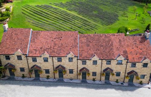 an aerial view of a large building with red roofs at Black Horse Beamish in Stanley