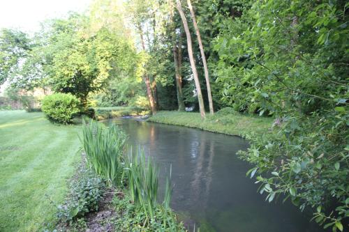 a small river with grass and trees next to a field at Les Rives de l'Andelle in Romilly-sur-Andelle