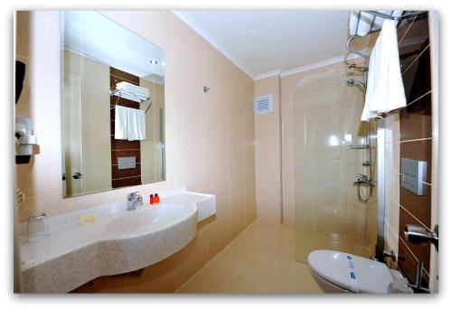 a bathroom with a sink and a mirror and a toilet at Mesut Hotel in Alanya