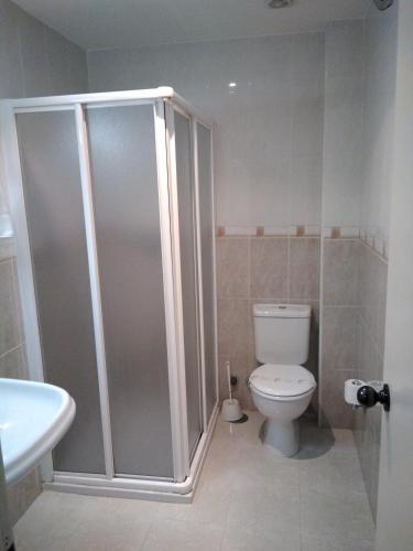 a bathroom with a shower and a toilet and a sink at Hostal Ancla Dorada in Vigo