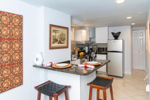 a kitchen with a counter and a refrigerator at webster house in Chicago