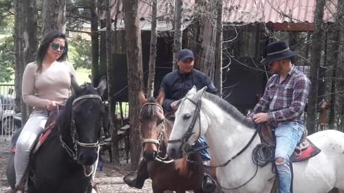 a group of people riding horses in the woods at Casa En El Árbol Con Sauna somos PETFRIENDLY in Pesca