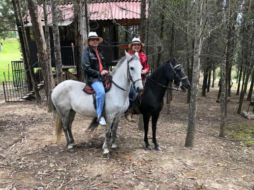 two women are riding on horses in the woods at Casa En El Arbol in Pesca