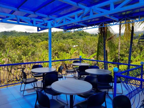 a balcony with tables and chairs and a view at Hotel Las Palmas de OSA in Ciudad Cortés