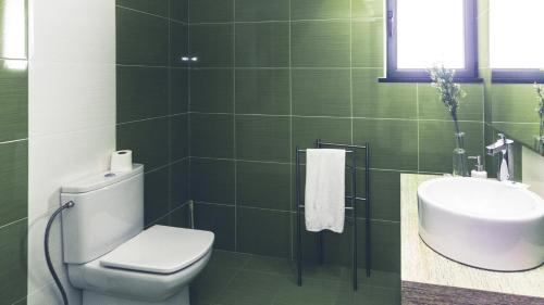 a green tiled bathroom with a toilet and a sink at Casa Milhafre in Praia da Vitória