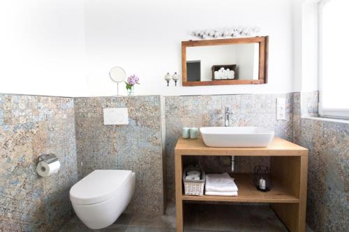 une salle de bain avec toilettes, lavabo et miroir dans l'établissement Zur alten Rebe Ferienhaus und Weingut, à Konz