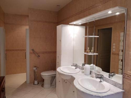 une salle de bain avec deux lavabos et un WC et un miroir dans l'établissement apartment Fontaine de l'Amour, à Sarlat-la-Canéda