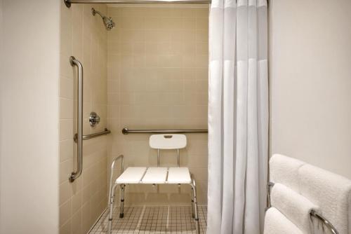 a bathroom with a shower with a chair and a shower curtain at Country Inn & Suites by Radisson, Des Moines West, IA in Clive