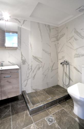 a bathroom with a shower and a sink and a toilet at Suite Loft Apartment Konstantinidis in Nea Potidaea