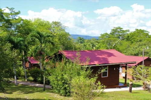 a small house with a red roof and trees at The Log Cab-Inn in San Ignacio