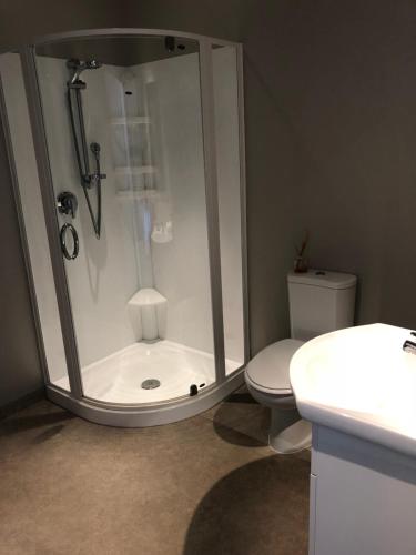 a bathroom with a shower with a toilet and a sink at Teschemakers Resort in Oamaru