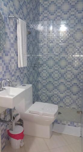 La salle de bains est pourvue de toilettes, d'un lavabo et d'une douche. dans l'établissement Vincent Suites Hotel, à Pasto