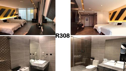 two pictures of a hotel room with beds and a bathroom at High Cloud Motel in Tainan