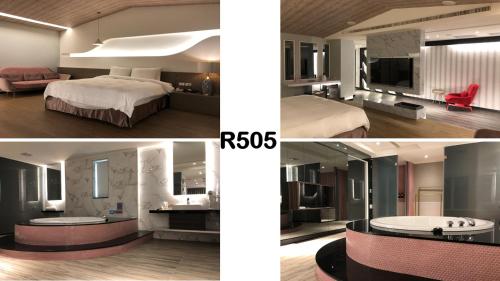 a collage of three pictures of a hotel room at High Cloud Motel in Tainan