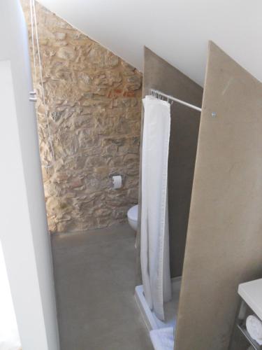 a bathroom with a shower curtain and a toilet at Casa de Campo Moinhos da Gozundeira in Sobral de Monte Agraço