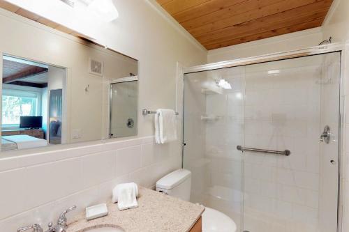 a bathroom with a shower and a toilet and a sink at Atelier 1085 in Sun Valley