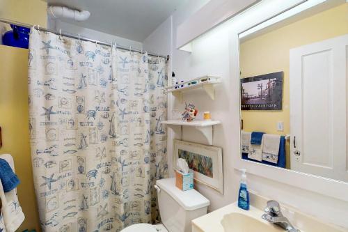 een badkamer met een douchegordijn, een toilet en een wastafel bij Vineyard Haven in Oak Bluffs