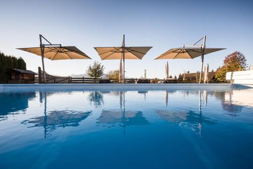 einen Pool mit Sonnenschirmen darüber in der Unterkunft Hotel Bacherhof in Meransen