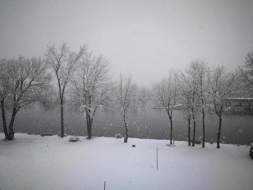 a snow covered park with trees and a pond at Condo de L'Oberge in Magog-Orford