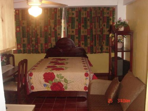 a bedroom with a bed and a couch and curtains at Dre Broeders Apartments Juan Dolio in Juan Dolio