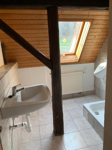 a bathroom with a sink and a window at AB Apartment Objekt 122 in Uhingen