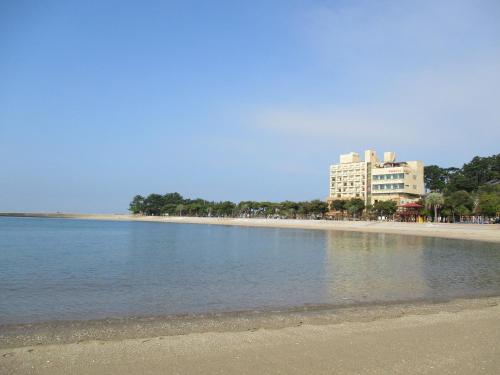 a view of a beach with a building in the background at Minshuku Osaki in Nishio