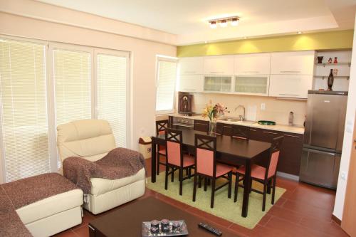 a kitchen and living room with a table and chairs at Apartments Elena in Ohrid