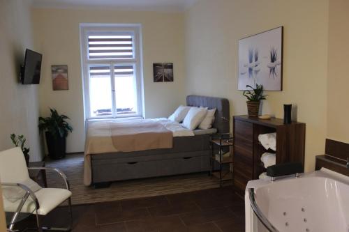 Residence Dobrovského في براغ: غرفة نوم بسرير ونافذة وحوض استحمام