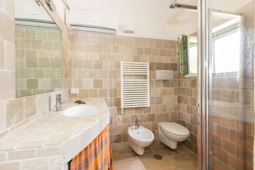ein Bad mit einem Waschbecken, einem WC und einer Dusche in der Unterkunft Trulli Masseria Donno Santo in Ceglie Messapica