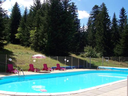 a swimming pool with chairs and an umbrella at Les Blanches Provençales in Selonnet