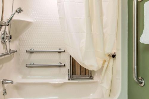 a bathroom with a shower curtain and a sink at Sleep Inn & Suites Mountville in Mountville