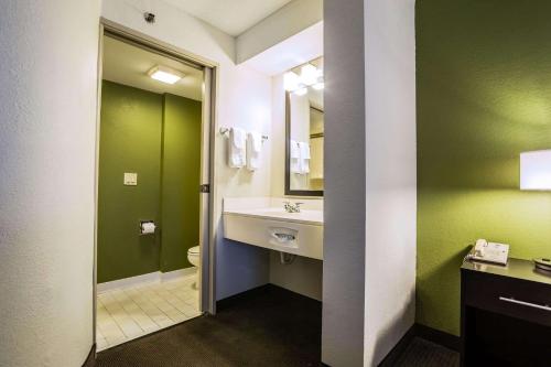 a bathroom with a sink and a toilet and a mirror at Sleep Inn Airport West Columbia in Columbia