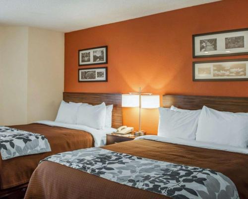 チャールストンにあるSleep Inn North Charleston Ashley Phosphateのオレンジ色の壁のホテルの部屋にはベッドが2つある