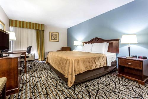 um quarto de hotel com uma cama, uma secretária e uma televisão em Quality Inn at the Park em Fort Mill