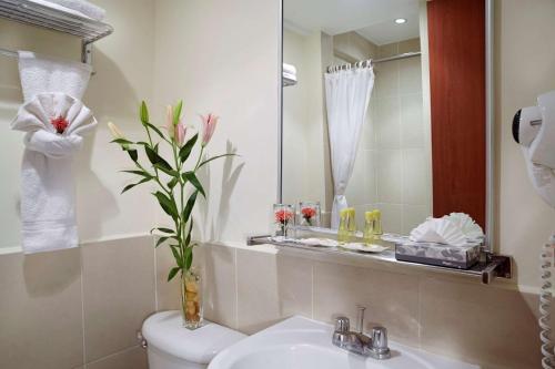 a bathroom with a sink and a toilet and a mirror at Comfort Inn Real San Miguel in San Miguel