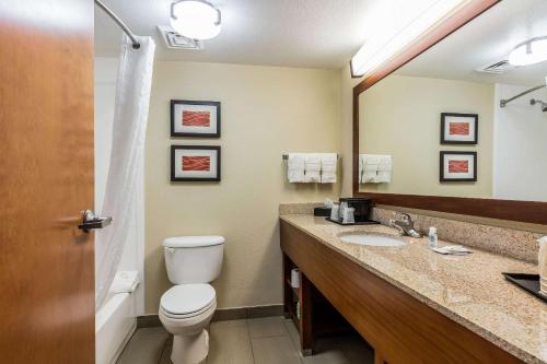 a bathroom with a toilet and a sink and a mirror at Comfort Inn & Suites Airport-American Way Memphis in Memphis