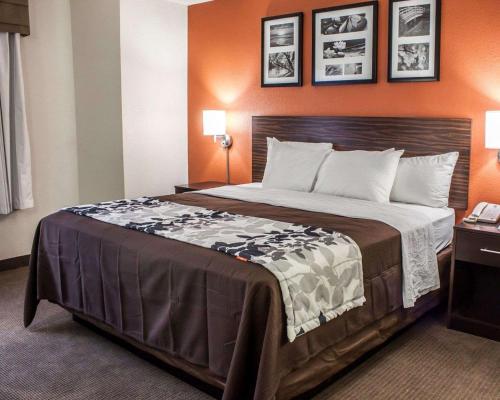 uma cama grande num quarto de hotel com paredes cor de laranja em Sleep Inn Arlington Near Six Flags em Arlington