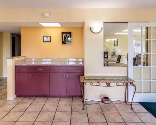 ヒューストンにあるRodeway Inn and Suites Hwy 290の紫色のキャビネットと鏡が備わる部屋