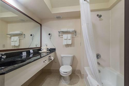 a bathroom with a toilet and a sink and a shower at Quality Inn & Suites West Chase in Houston