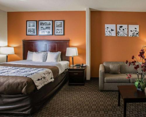 a hotel room with a bed and a chair at Sleep Inn & Suites Hwy 290-NW Freeway in Houston