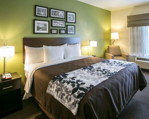 a hotel room with a large bed and a chair at Sleep Inn and Suites Round Rock - Austin North in Round Rock