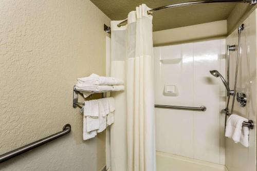 y baño con ducha, aseo y toallas. en Quality Inn & Suites El Paso I-10, en El Paso