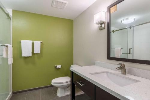 a green bathroom with a toilet and a sink at Sleep Inn & Suites College Station in College Station
