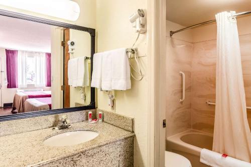 a bathroom with a sink and a mirror and a shower at Econo Lodge Christiansburg-Blacksburg I-81 in Christiansburg