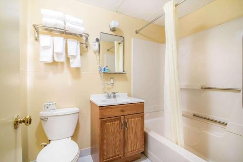 een badkamer met een toilet, een wastafel en een douche bij Rodeway Inn Rutland Killington in Rutland