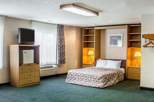 a hotel room with a bed and a television at Rodeway Inn Abbotsford in Abbotsford