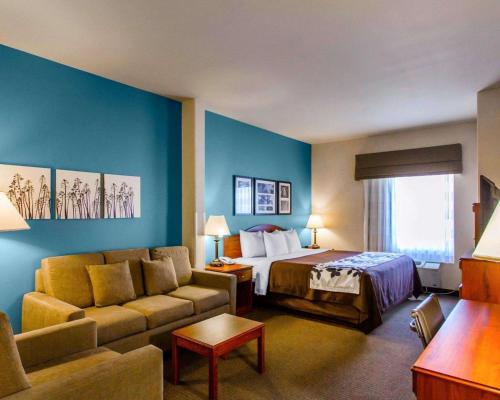 a hotel room with a bed and a couch at Sleep Inn & Suites Evansville in Evansville