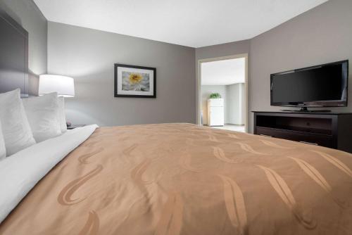 a large bed in a hotel room with a flat screen tv at Quality Inn & Suites Brownsburg - Indianapolis West in Brownsburg