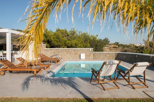 a swimming pool with chairs and a table and a palm tree at Villa Sea La Vie in Kiotari